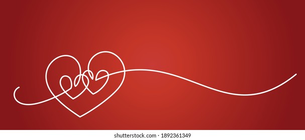 Continuous white handwritten line design hearts shape on red background for valentines, women, mother day love greeting card banner