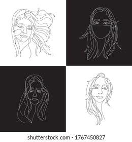 Continuous white line on black background, one line, drawing of face and hairstyle, fashion concept, woman beauty minimalist, vector stock illustration for t-shirt, slogan design print graphics style