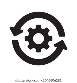 Continuous workflow icon with a gear and circular arrow for process automation operational cycle system refresh and constant business improvement vector solid glyph icon