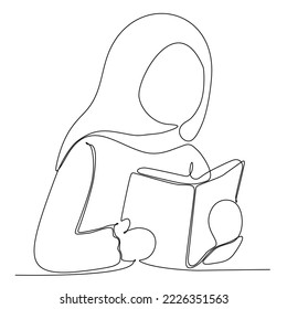 
continuously drawn a line of Muslim girls reading a hand drawn book silhouette. line art.