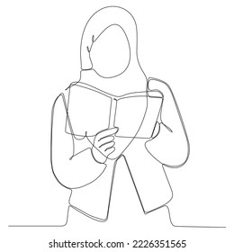 
continuously drawn a line of Muslim girls reading a hand drawn book silhouette. line art.