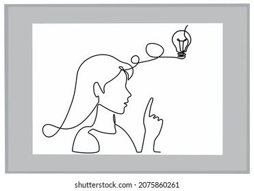 
Continuously drawn line silhouette of a thinking woman with a light bulb in front of her head.