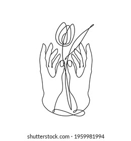 continuously drawn two female hands one line, palms up, Rose in hands, open palms, line art, hand drawn, vector illustration Lineart in a trendy minimalist style.