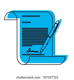 continuously sheet contract document firm and pen in blue watercolor silhouette vector illustration