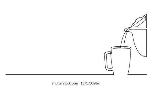 contiuous line drawing of coffee pot pouring hot coffee in cup