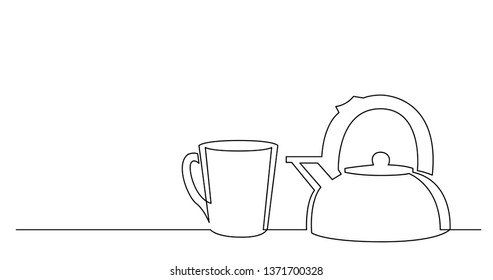 contiuous line drawing of mug of tea and kettle