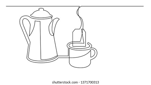 contiuous line drawing of tea pot tea bag and mug