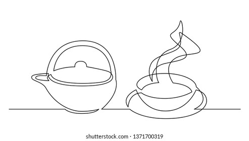 contiuous line drawing of tea pot and hot tea cup