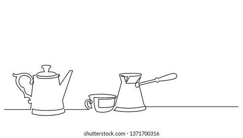 contiuous line drawing of vintage pot cup and coffee jezva