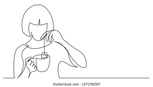 contiuous line drawing of young woman making tea holding tea bag and mug