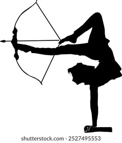 A contortionist performing an impressive archery pose. The figure is balanced on one leg, with the other leg extended over the head, forming a bendy arch. 