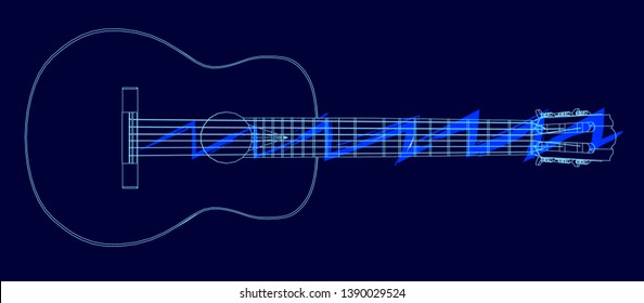 Contour of the acoustic guitar from the blue lines on a dark background. Vector illustration.