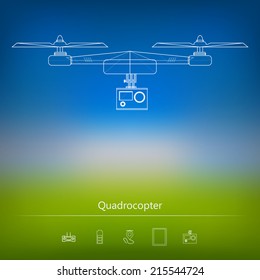 Contour ad layout for quadrocopter. White outline mock up for quadrocopter with some additional elements. Contour vector illustration on blue and green background.
