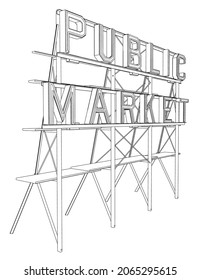 Contour of an advertising rack with the words public market from black lines isolated on a white background. Side view. Vector illustration
