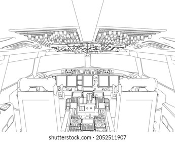 The contour of the aircraft cockpit from the inside from black lines isolated on a white background. Vector illustration