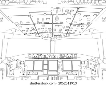 Die Kontur des Flugzeugcockpits von innen aus schwarzen Linien einzeln auf weißem Hintergrund. Vektorgrafik