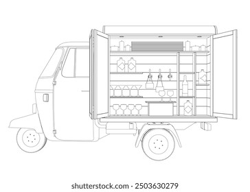 Contour Camión de alcohol, bar al aire libre. Vendedor ambulante vendiendo bebidas, bebidas en el mostrador de la caravana. Camarero en la ventana de la barra de alcohol móvil con ruedas. Ilustración vectorial plana aislada sobre fondo blanco