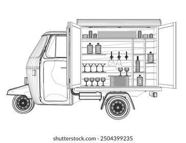 Contour Alcohol truck, outdoor bar. Street vendor selling drinks, beverages at caravan counter. Bartender at window of wheeled mobile alcohol bar. Flat vector illustration isolated on white background