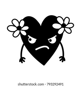 contour angry heart with flowers kawaii cartoon