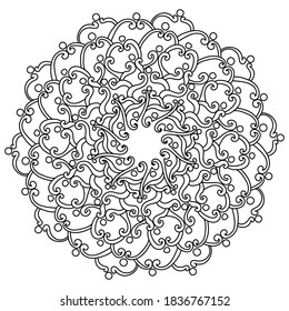 Contour antistress mandala with curls, weaves and circular symmetrical elements, zen coloring page  vector illustration for design and creativity