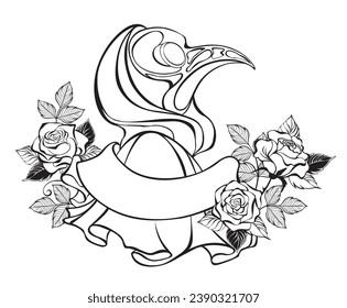 Contour, art drawing of plague doctor wearing cap with blooming roses, on white background. Design on halloween. hand drawn vector art