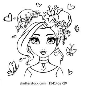 El arte de contour del retrato de una chica. Dos bollos peinados, flores en el pelo. Ilustración vectorial dibujada a mano.  Aislado en blanco. Se puede utilizar para colorear libros, juegos infantiles, etc.