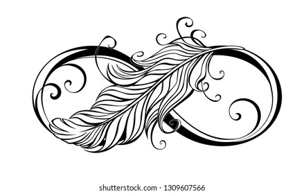 Contour, artistically drawn infinity symbol with light feather on white background.