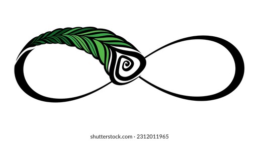 Contour, artistically drawn infinity symbol with light feather on white background. Peacock feather
