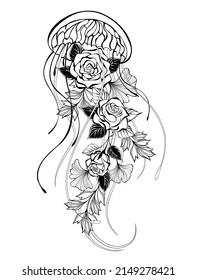 Contour, artistically drawn jellyfish with roses and decorative plants on white background.