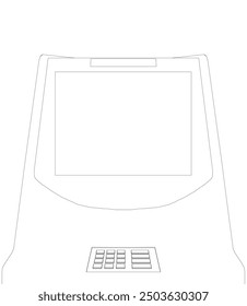 Contour ATM with display. Bank terminal for transaction, withdraw money and deposit to account. Vector illustration of outline cash machine with copy space for your text.