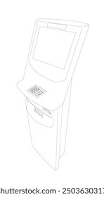 Contour ATM with display. Bank terminal for transaction, withdraw money and deposit to account. Vector illustration of outline cash machine with copy space for your text.