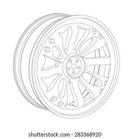 Contour of an automobile cast disk, on a white background