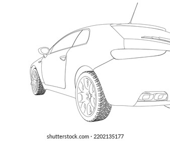 The contour of the back of the car from black lines isolated on a white background. Back view. 3D. Vector illustration.