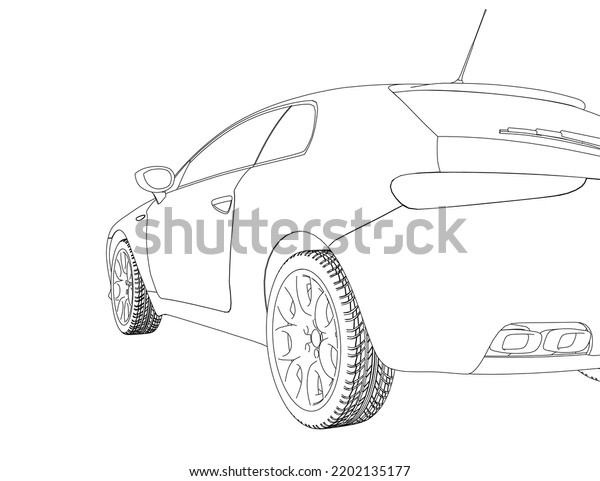 The\
contour of the back of the car from black lines isolated on a white\
background. Back view. 3D. Vector\
illustration.