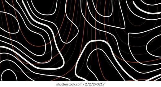 fundo de contorno — fundo preto com linhas de contorno topográfico grossas e orgânicas em branco brilhante (neon branco, brilho), com acentos sutis e interseções em laranja.