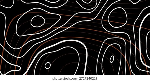 fundo de contorno — fundo preto com linhas de contorno topográfico grossas e orgânicas em branco brilhante (neon branco, brilho), com acentos sutis e interseções em laranja.