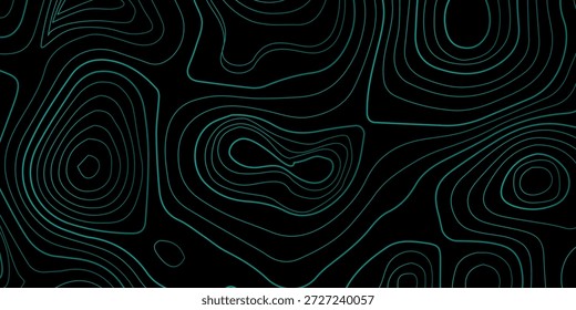 Konturhintergrund - ein tiefschwarzer Hintergrund mit dichten, organischen, gewellten Konturlinien in einem hellen Teal, türkiser Neonton. Die Wirkung einer topographischen Karte mit vielen Schichten, Schleifen und "Hügeln, Tälern".