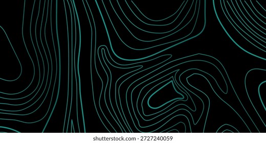 Konturhintergrund - ein tiefschwarzer Hintergrund mit dichten, organischen, gewellten Konturlinien in einem hellen Teal, türkiser Neonton. Die Wirkung einer topographischen Karte mit vielen Schichten, Schleifen und "Hügeln, Tälern".