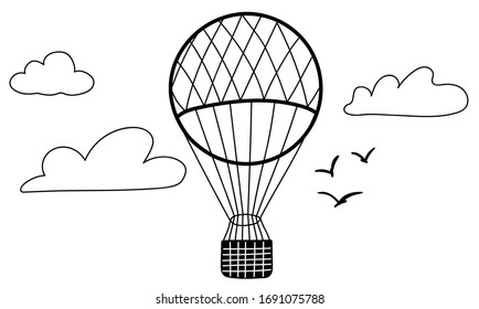 The contour of the balloon with a basket, clouds, birds. Air transport for sports and travel. Monochrome isolated doodle on white background.