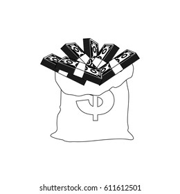 contour bank bag with many bills inside, vector illustration design