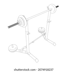 Contour of a barbell on a squat rack from black lines isolated on a white background. Isometric view. Vector illustration