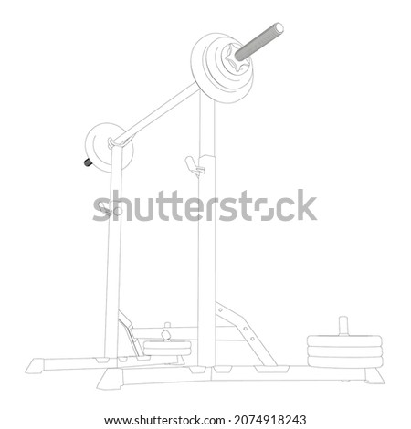 Contour of a barbell on a squat rack from black lines isolated on a white background. Perspective view. Vector illustration