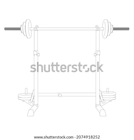 Contour of a barbell on a squat rack from black lines isolated on a white background. Front view. Vector illustration