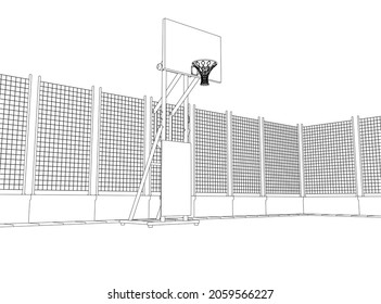 El contorno de un aro de baloncesto en el campo, cercado con una red de líneas negras aisladas en un fondo blanco. 3 D. Ilustración del vector