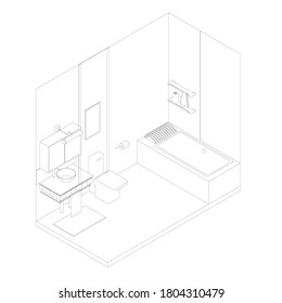 Contour of a bathroom interior from black lines on a white background. Isometric view. 3D. Vector illustration