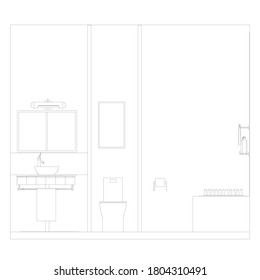 Contour of a bathroom interior from black lines on a white background. Front view. Vector illustration