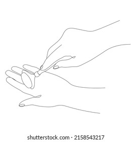 Contour of beautiful female hands holding gua sha massager isolated on white background. Vector hand drawn line art of hands illustration. Facial care concept.