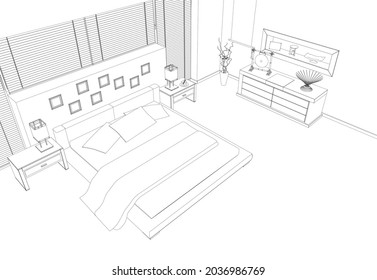 Contour of a bedroom from black lines isolated on a white background. Perspective view. Vector illustration