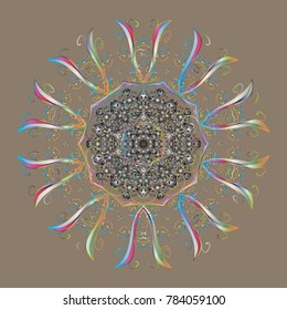 Contour beige, gray and blue mandala shaped snowflakes for art therapy style zen drawing. Hand-drawn, stylish doodle in tatto style, fabric design and cards in Vector illustration.