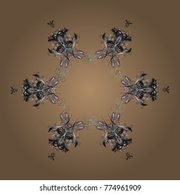 Contour beige, gray and brown mandala shaped snowflakes for art therapy style zen drawing. Hand-drawn, stylish doodle in tatto style, fabric design and cards in Vector illustration.